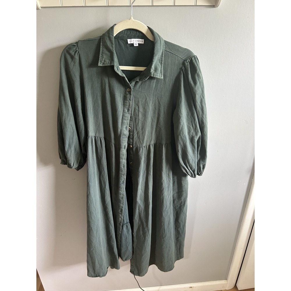 Baltic Born Green Button Down Midi Dress Empire Waist Puff Sleeve Pockets Small - Picture 2 of 3